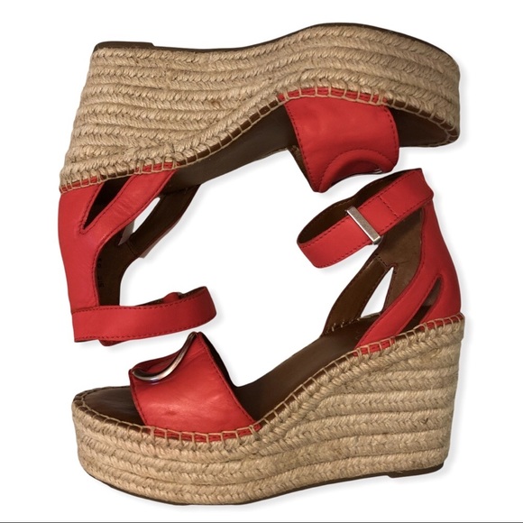 👡 Coral Red Leather Espadrilles Wedge Heels Silver Accents FRANCO SARTO - Picture 11 of 16